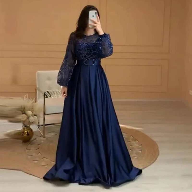navy blue formal dress with sleeves