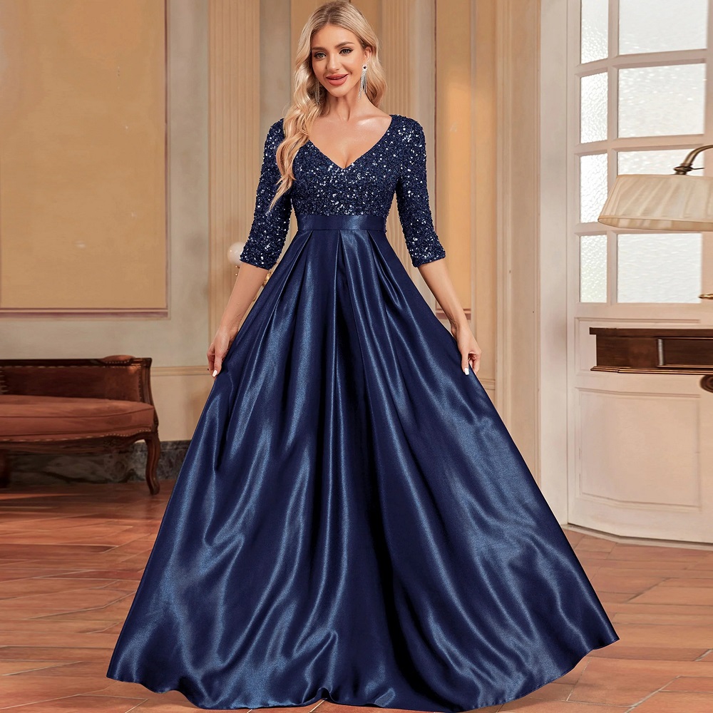 navy blue formal dress with sleeves