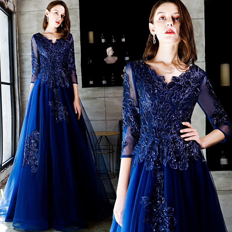 navy blue formal dress with sleeves